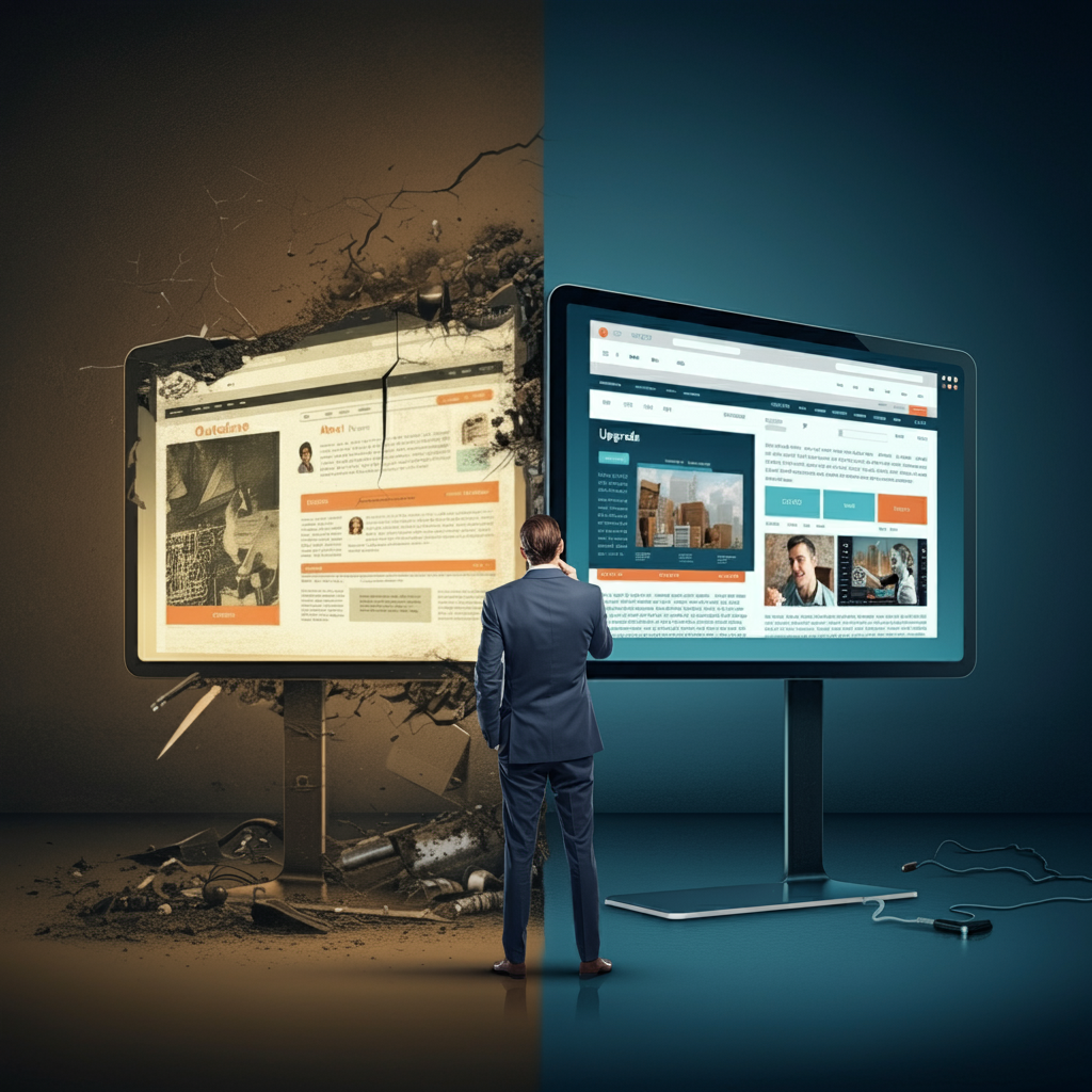 Create an image of a business owner standing in front of two versions of their website displayed on a large screen. The first version is outdated , with an old , cluttered design, while the second version is modern, sleek , and visually appealing . The owner looks thoughtful , considering the upgrade . The background shows a mix of old , deteriorating technology on one side, and new , advanced technology on the other, symbolizing the contrast between old and new platforms.